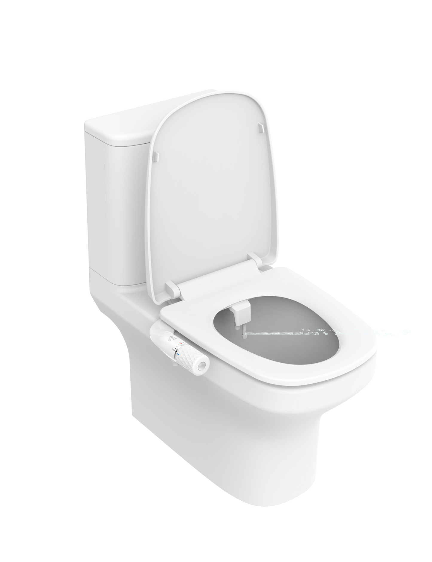 Toilet seat with mounted Real Bidets attachment and lid open – in-use example