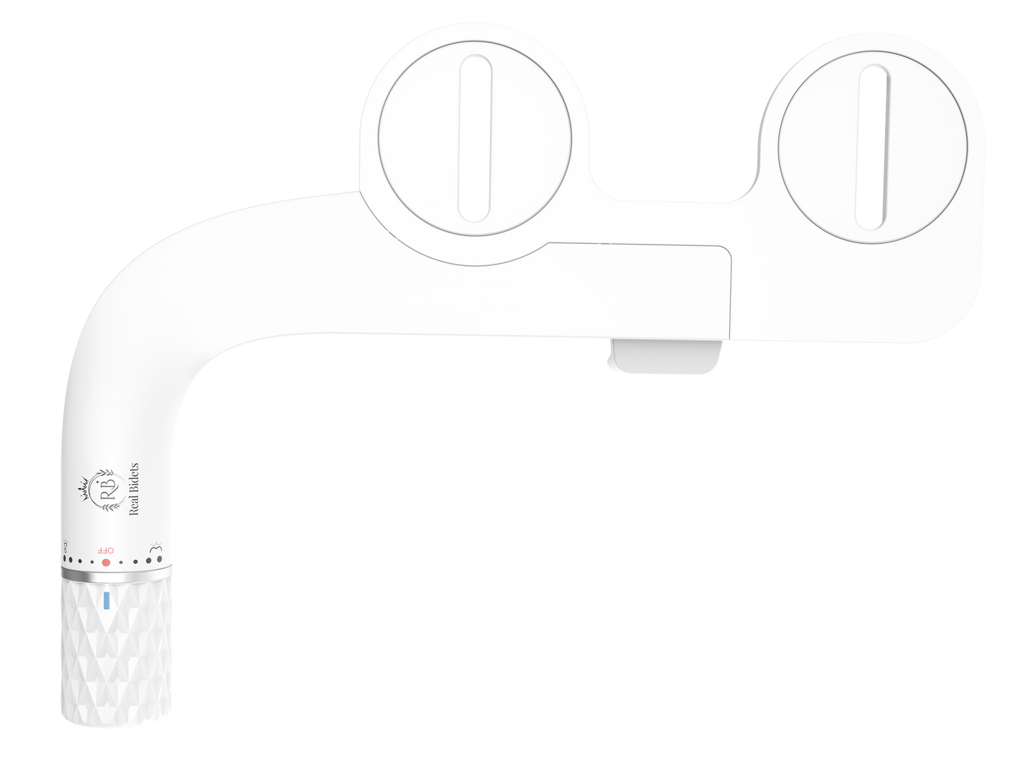 White bidet attachment angled to show nozzle head and seat mount design
