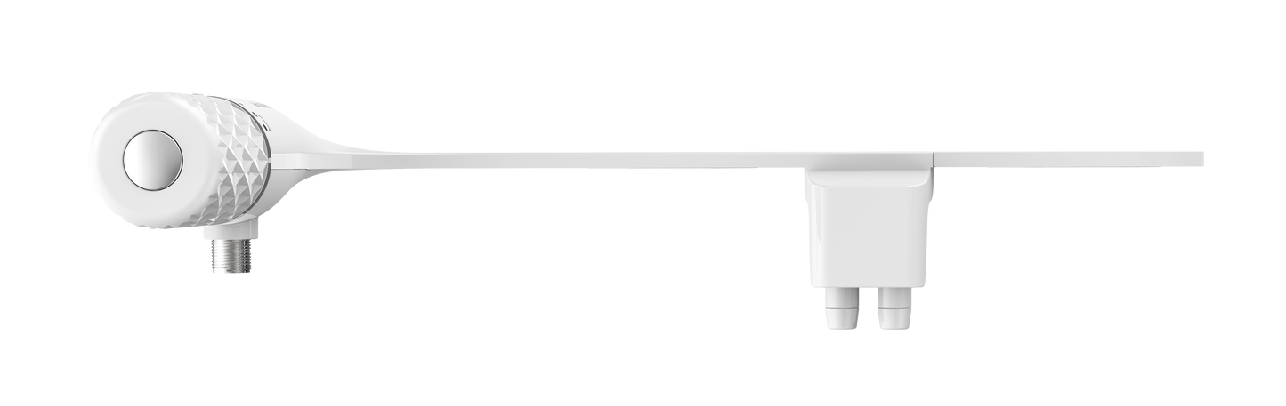 Side view of ultra-thin Real Bidets attachment showing nozzle and control dial