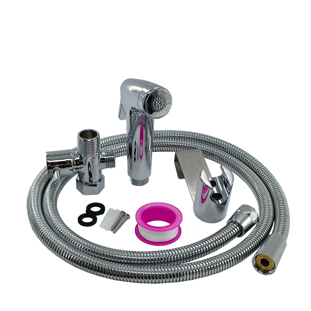 Complete Real Bidets handheld sprayer kit arranged in metal tray with fixings
