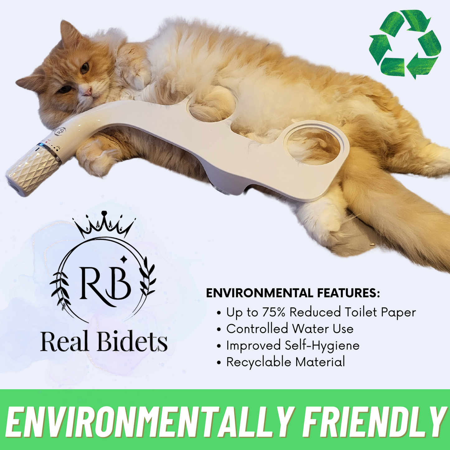 Eco-friendly bidet ad with Real Bidets logo, sleeping ginger cat and recyclable symbol