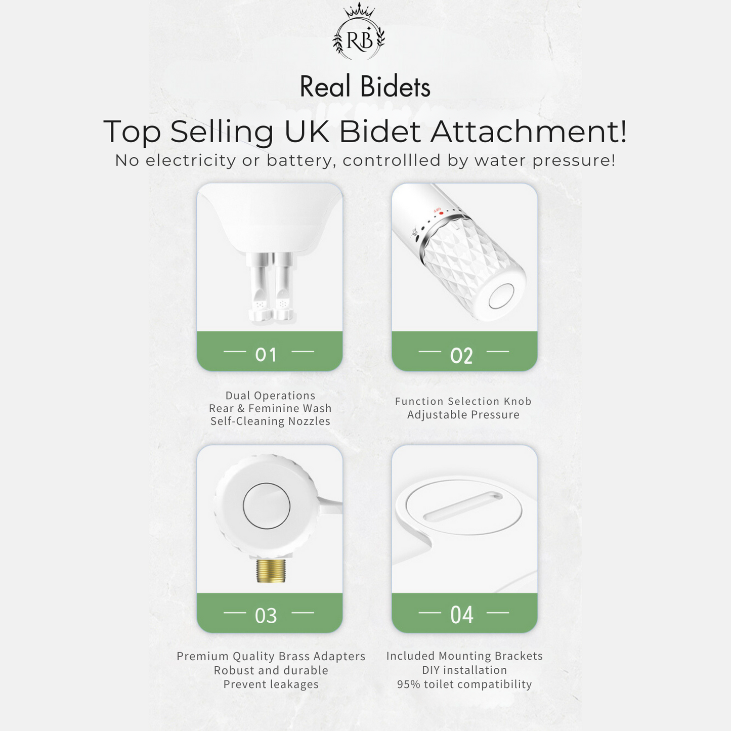 Real Bidets attachment benefits infographic showing eco impact, hygiene, and cost savings