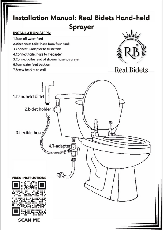 Real Bidets handheld sprayer installation guide with labelled diagram and QR code