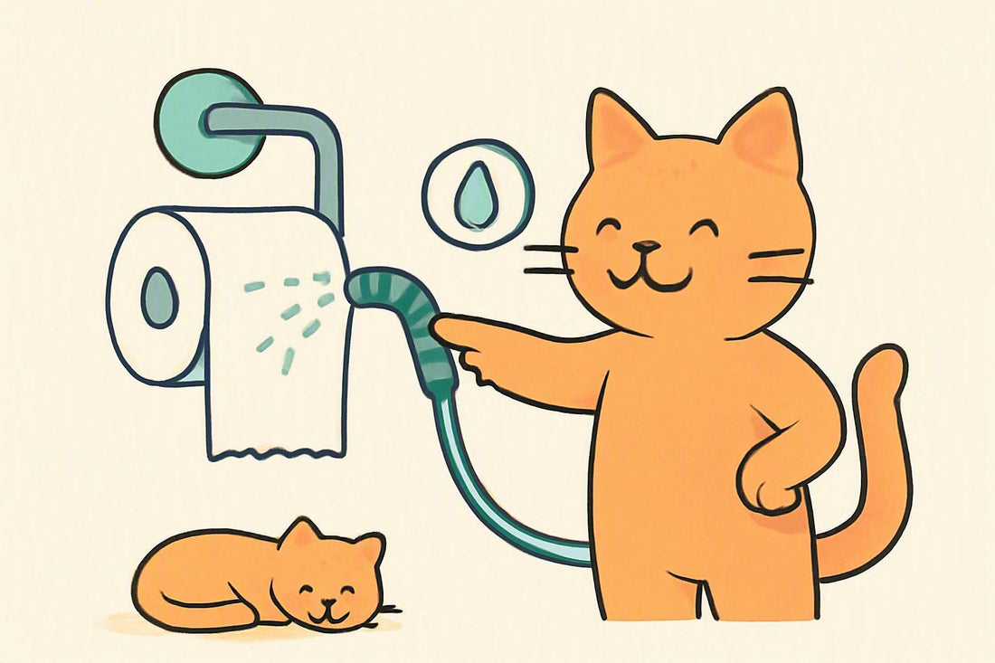 Illustration: A cheerful cat points at a cost-crystal toilet roll holder as a bidet nozzle “sprinkles” tiny droplets onto a