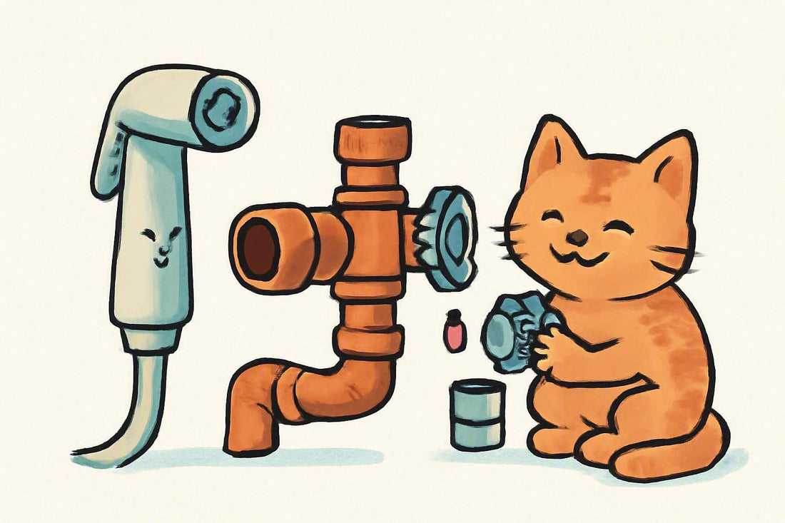 Illustration: A cheerful bidet nozzle wearing a tiny “tight fit” cap stands beside a 15mm copper T-junction and an isolation