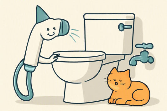 Illustration: A cheerful bidet nozzle wearing a snug “D-shape” like a party hat clicks onto a close-coupled, back-to-wall