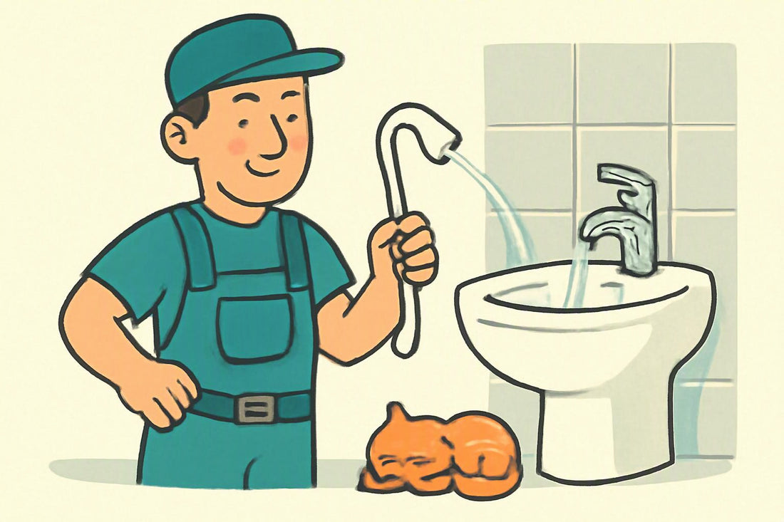 Illustration: A cheerful cartoon plumber in a UK bathroom holds a single damp-wipe like it’s a mischievous “snake,” while