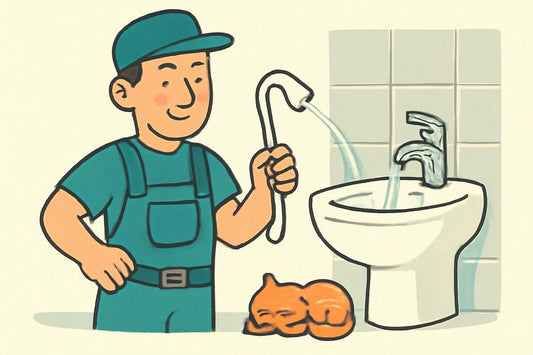 Illustration: A cheerful cartoon plumber in a UK bathroom holds a single damp-wipe like it’s a mischievous “snake,” while