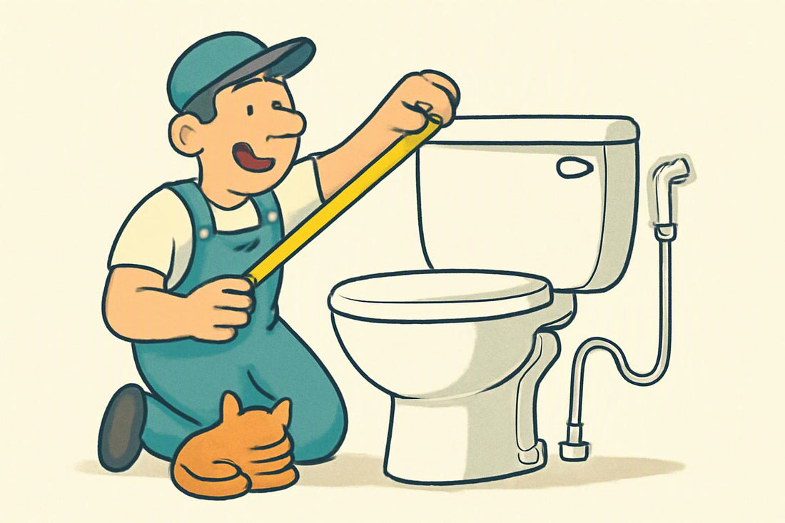 Illustration: A cheerful plumber cartoon holds a tape measure in front of a UK back-to-wall toilet with a D-shaped rim,
