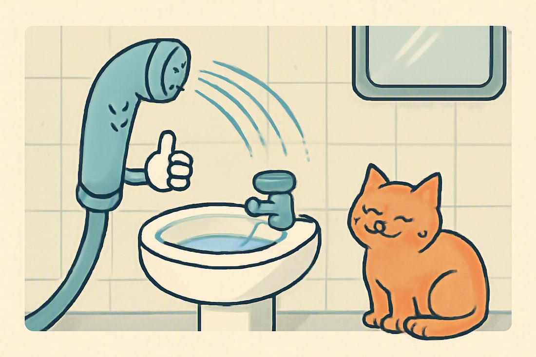 Illustration: A cheerful bidet nozzle wearing a tiny “helping hand” like a mitten gently sprays a cup of water into a small