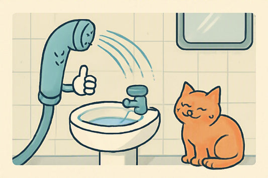 Illustration: A cheerful bidet nozzle wearing a tiny “helping hand” like a mitten gently sprays a cup of water into a small