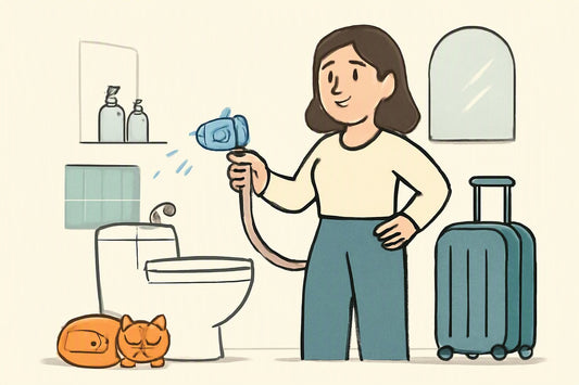 Illustration: In a snug UK bathroom, a cheerful cartoon bidet nozzle “winks” as a tidy guest squeezes its lever beside a