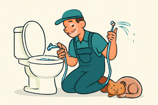 Illustration: A cheerful cartoon plumber kneels beside a toilet with two props: a bidet attachment nozzle and a handheld