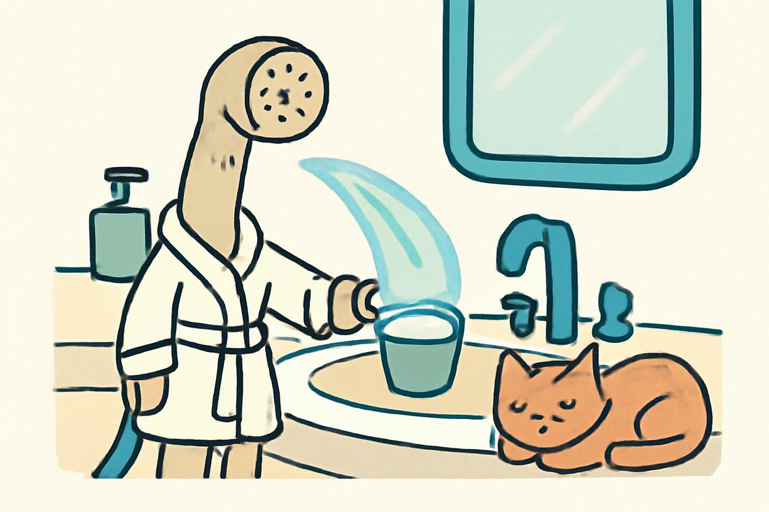 Illustration: A cheerful bidet nozzle wearing a tiny bathrobe sprays a gentle “wipe-and-rinse” ribbon into a small cup of