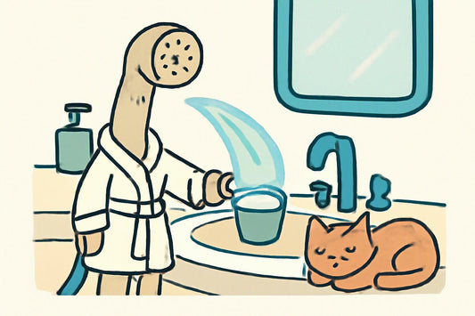 Illustration: A cheerful bidet nozzle wearing a tiny bathrobe sprays a gentle “wipe-and-rinse” ribbon into a small cup of