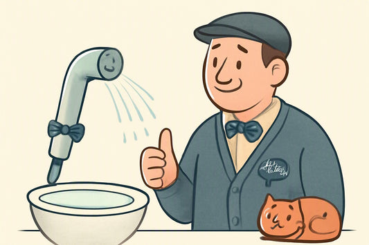 Illustration: A cheerful bidet nozzle wearing a tiny “UK newcomer” bowtie gently sprays a tidy stream into a wash bowl,
