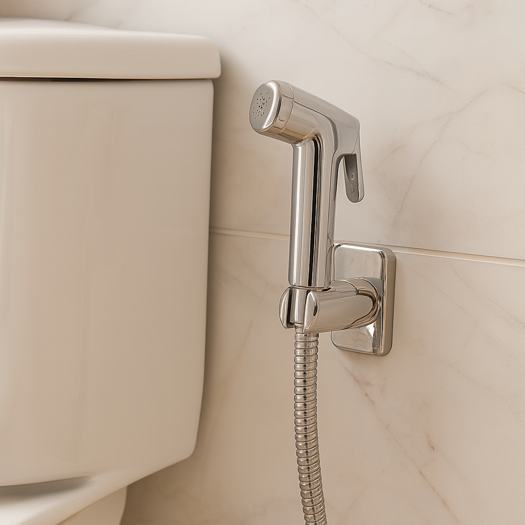Chrome bidet sprayer installed on side of toilet with wall bracket