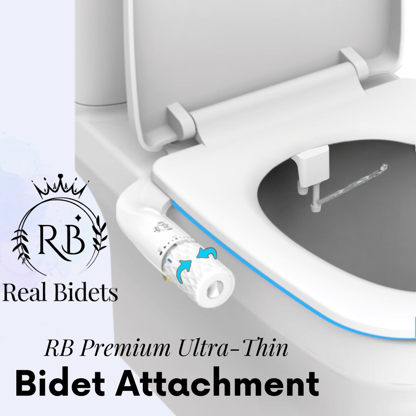 Real Bidets premium ultra-thin bidet attachment mounted on toilet seat – hero product image