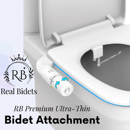 Real Bidets premium ultra-thin bidet attachment mounted on toilet seat – hero product image